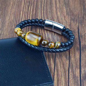 COPY - MULTISTONE TIGER EYE LEATHER BRACELET.